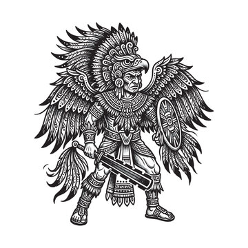 Bold blackwork Aztec inspired eagle warrior with feathered wings, ceremonial headdress, shield, and weapon, symbolizing courage, strength, protection, honor, and warrior spirit