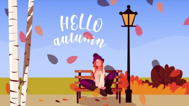 Hello autumn animation with young woman sitting on park bench as leaves fall from birch trees.