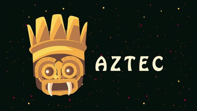 Golden Aztec mask with crown and sparkling particles in cosmic background, ancient symbol.