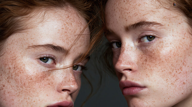 Close-up portrait of two young women with freckles and red hair, their faces turned towards the viewer. Their gaze is direct and captivating, highlighting their unique features AI generative
