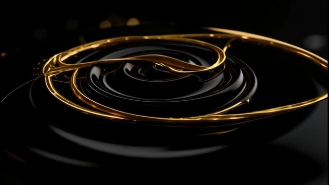 Golden liquid swirls and spirals over black surface, creating intricate fluid patterns with ripples and splashes