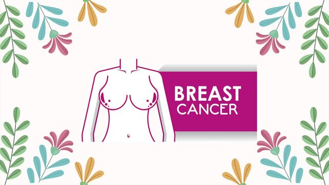 Woman torso illustration with breast cancer awareness ribbon and floral border motion graphic.