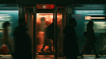 Fototapeta premium A blurred image of a subway train and passengers at a station at night. The warm light from the train cars creates an atmospheric glow, contrasting with the dark surroundings. AI generative