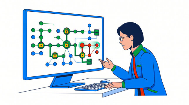 Cybersecurity Specialist Inspecting Network Security Nodes Vector Illustration