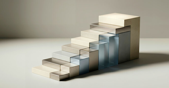 A minimalist geometric design featuring a series of ascending stairs. The steps are made of different materials, creating a modern artistic appearance.
