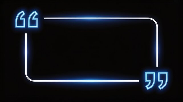 Glowing blue neon quote box frame on dark background for text copy space with glowing sign blue light quotation marks modern design graphic element