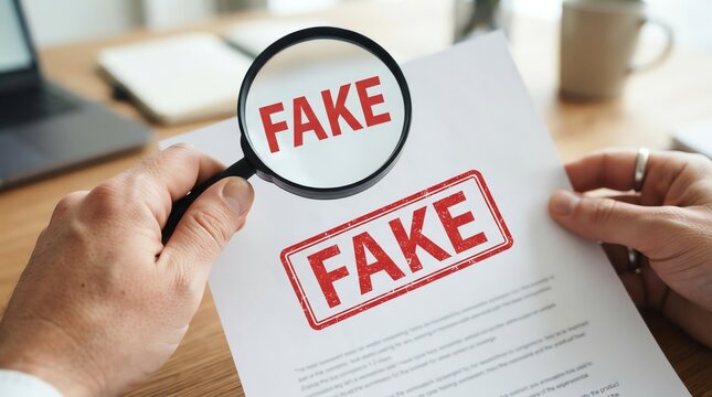 Person examining a forged document with a fake stamp using a magnifying glass to check authenticity
