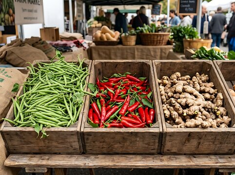 Fresh organic vegetables displayed in wooden crates at a bustling local farmers market showcasing vibrant green beans spicy red peppers and earthy ginger roots for health-conscious shoppers