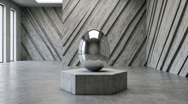 Modern minimalist architectural interior featuring raw concrete walls with diagonal textures and a polished metallic egg-shaped sculpture on a hexagonal pedestal