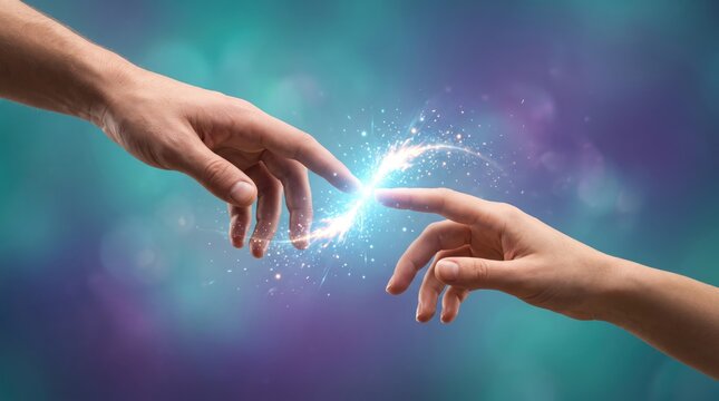 Two human hands reaching out to touch each other with magical glowing energy spark and light particles floating between fingers against colorful bokeh, symbolizing connection