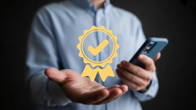 Man holding a smartphone with a virtual gold badge icon representing guarantee and quality assurance smartphone user certified quality approval ico