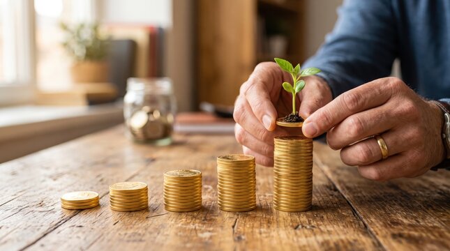 Conceptual image of financial growth and investment savings, hands placing gold coin stack with sprouting green plant sapling, symbolizing wealth accumulation and compound interest