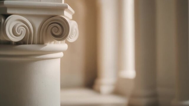 Macro Close-up of Elegant White Architectural Column in Sacred Room, Subtle Sunlight and Shadows on Classical Pillar Detail Full HD