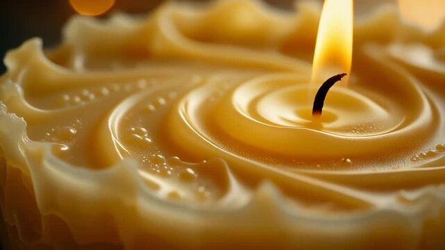 Extreme Macro Static Shot of Scented Candle Cooling Wax Surface, Soft Texture and Flickering Flame Detail Motion Background Full HD