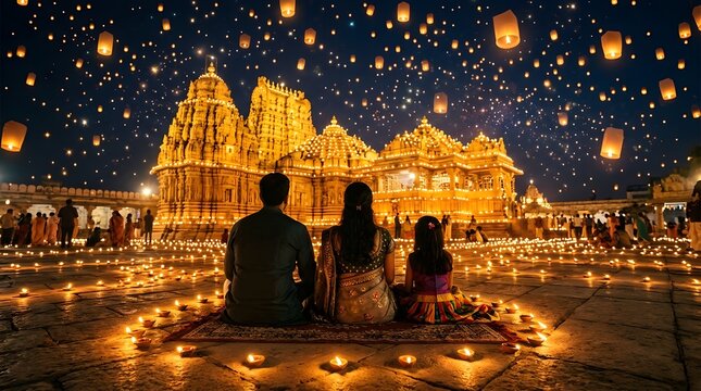 Family sitting in front of a temple with floating lanterns