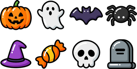 Obraz premium Cute Halloween Icon Set Featuring Pumpkin Ghost Bat Spider Witch Hat Candy Skull and Tombstone Isolated on White Background for Design