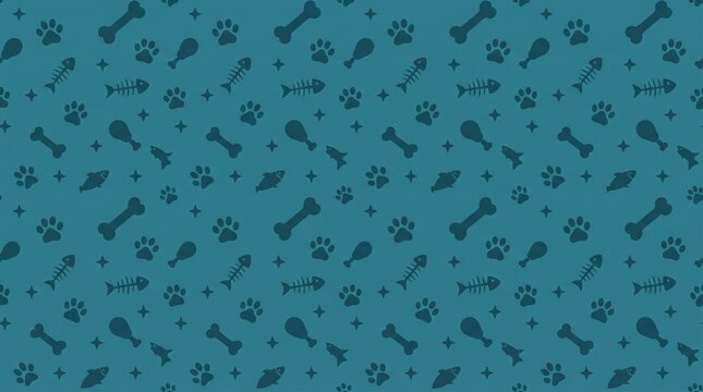 Seamless Pet Theme Pattern With Paws Bones And Fish On Teal Background