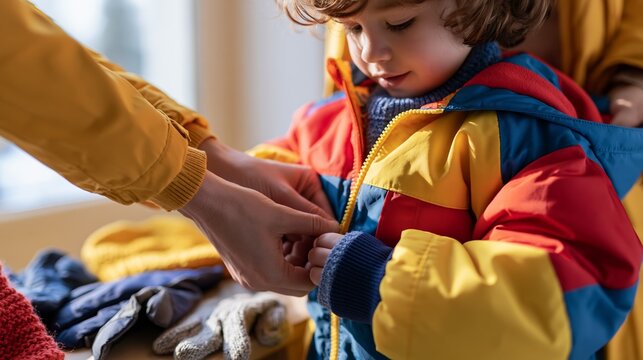Helping a child with a colorful winter coat in a bright home entryway with gloves and hat ready nearby Generative AI