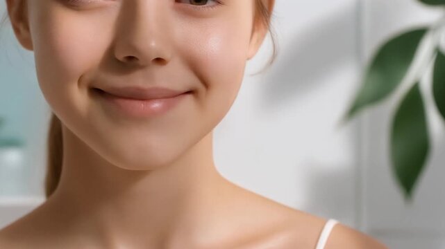 Natural Beauty Close-up of a Young Person Smiling with Healthy Glowing Skin and Soft Lighting