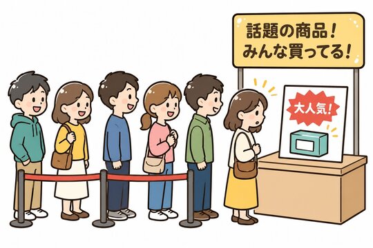 話題の人気商品を求めて店舗に並ぶ人々の行列のイラスト
