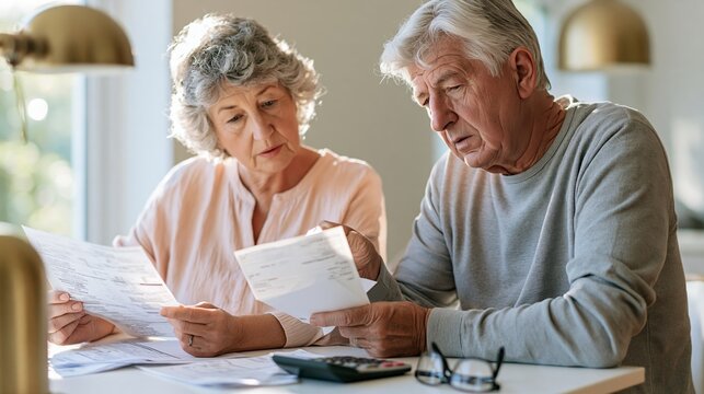 Senior couple reviews household expenses at dining table with bills and calculator in bright room Generative AI