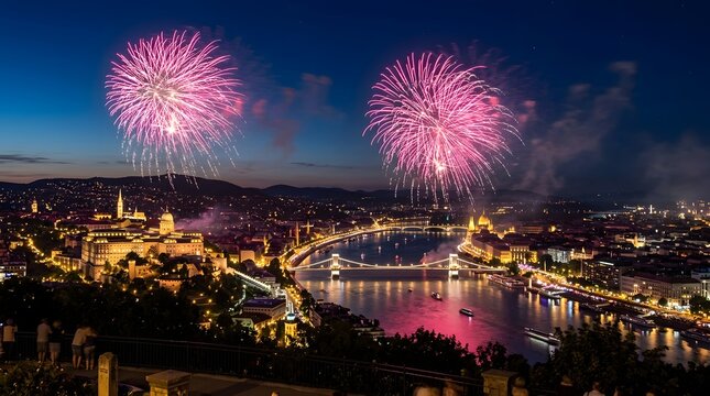 Fireworks over the danube river and chain bridge in budapest