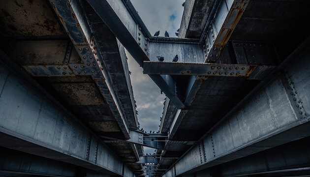 Low-Angle View of Industrial Steel Bridge with Pigeons Generative AI