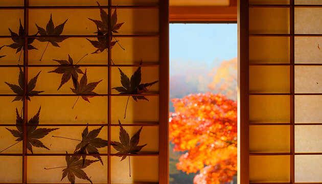 Japanese Shoji Door with Autumn Leaves Silhouette and Fall Foliage View Generative AI