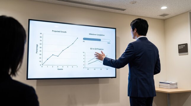 Business presenter pointing at large wall mounted screen displaying projected growth line chart and milestone completion progress bar during corporate meeting in conference room
