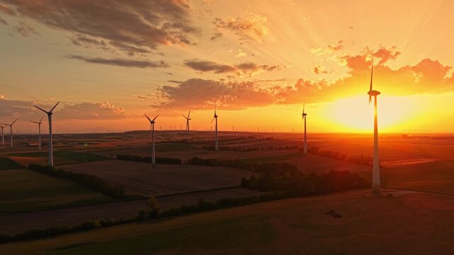 Wind turbines are placed in open fields at sunset. The sky is bright orange with clouds. The landscape shows fields stretching in the distance.