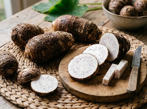 Fresh harvested taro roots rest upon a rustic wooden tabletop alongside sliced pieces on a cutting board, creating a natural scene for culinary preparation with organic ingredients