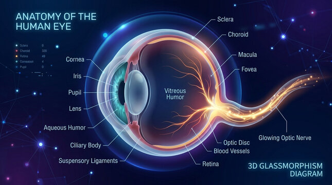 Human Eye Anatomy 3D Glassmorphism Medical Diagram Infographic