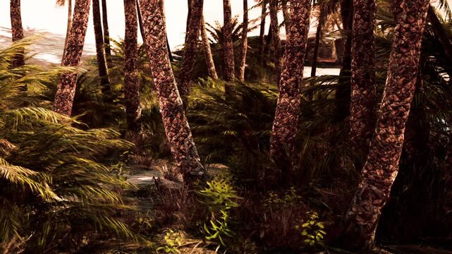 The scene shows a tropical area with tall palm trees and thick greenery. The light from the setting sun casts shadows among the plants. It feels like a natural environment.