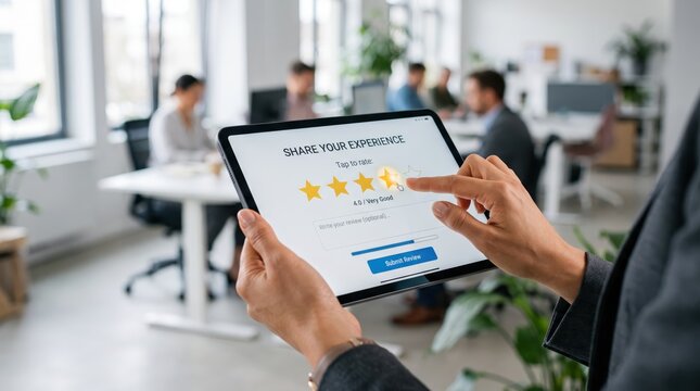 Close up of customer giving five star rating review on tablet device in bright modern office, sharing positive experience and feedback, satisfaction survey, user interface design