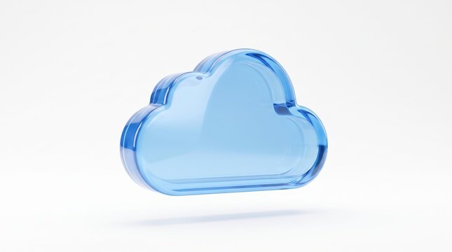 Minimalisted blue glass cloud icon floating on white, representing cloud computing, data storage, internet connectivity, software as a service, virtual server technology