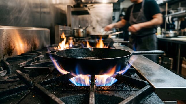 Cast iron pan heating on a professional restaurant gas stove burner