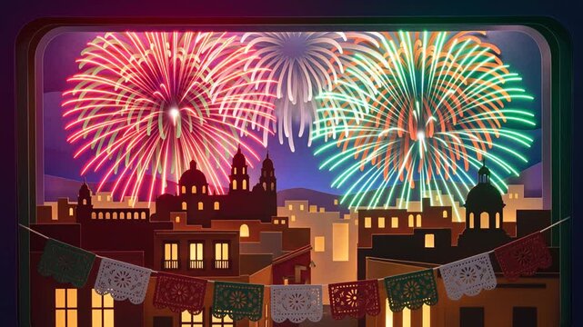 Colorful Fireworks Over City Skyline During Mexican Independence Celebration