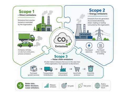 Scope 1 2 and 3 Carbon Emissions Infographic for Corporate Sustainability and ESG Reporting
