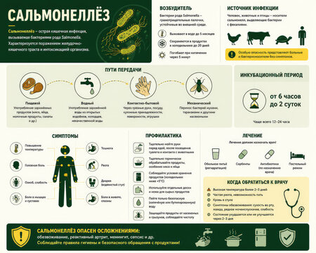 Salmonellosis Infographic in Russian with Symptoms, Transmission, Prevention and Treatment