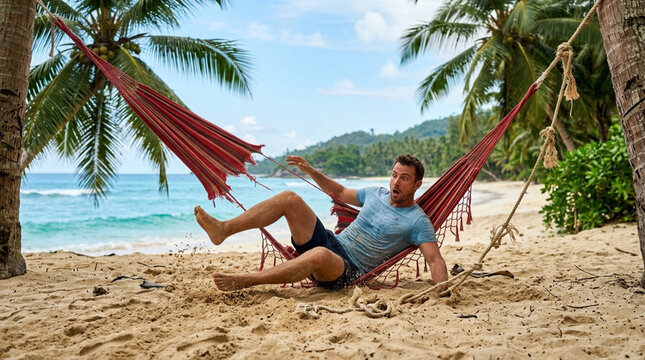 Funny Man Falling from Broken Hammock on Tropical Beach Vacation