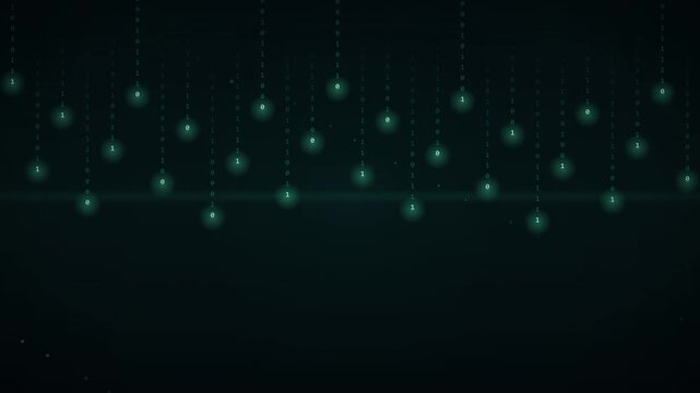 Seamless loop abstract motion background video. Matrix style falling digital binary data stream cascade with glowing cyan pulses for hacker coding concept in 4k.