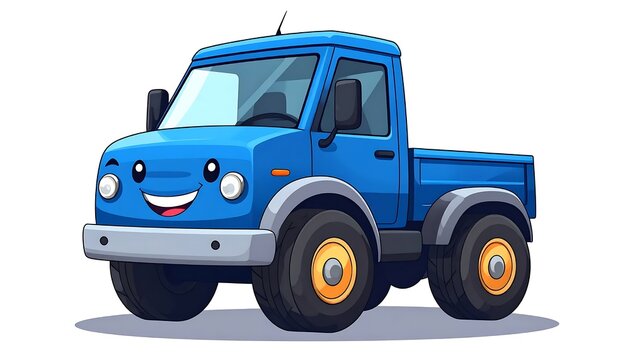 Blue cartoon delivery truck with happy face design.