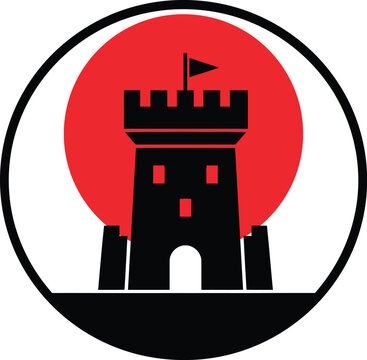 Stylized castle silhouette against a bold red circle within a black circular frame