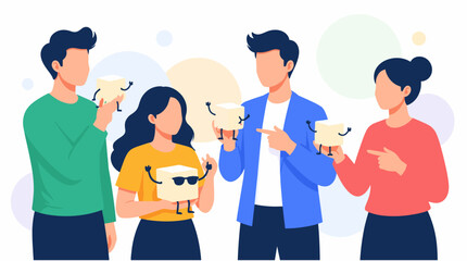 Obraz premium National Tofu Day celebration featuring diverse group of friends holding cute animated bean curd characters.