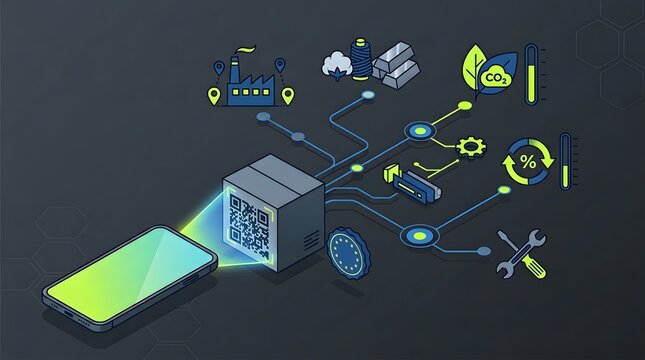 Digital product passport system shows a smartphone scans a QR code on a product box. Isometric vector illustration. 