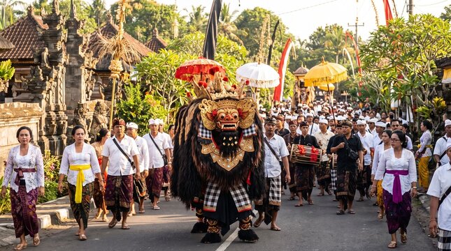 Traditional Balinese Barong Dance Cultural Parade Ceremony in Village Street Bali

Description
An vibrant culture stock photograph capturing a traditional Balinese Barong lion dance parad