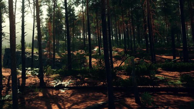 In a forest during late afternoon, sunlight shines through the tall trees. Shadows lay across the ground and various plants grow. Logs and branches scatter the forest floor.