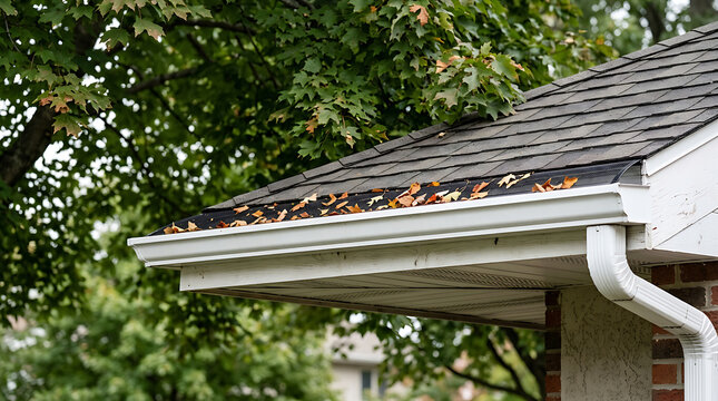 Close-up of roof gutter system with autumn leaves scattered on dark shingle roof amidst lush green trees in a residential setting