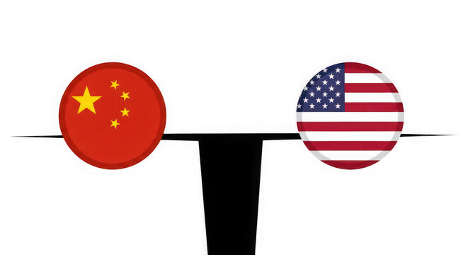 China and usa flags balanced on a scale representing global relations isolated on transparent background