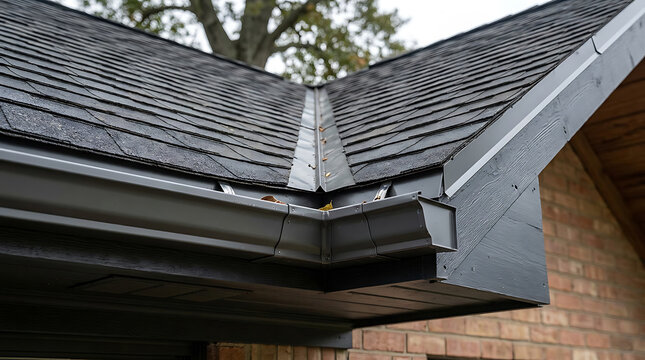 Close-up view of a modern gabled roof with dark slate shingles and detailed metal gutter system on a residential building